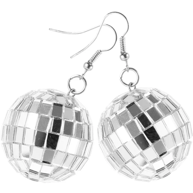Boucles D'oreilles Boule Disco Argentées - Style Rétro Années 70 - En Acrylique à Facettes - Pour Fête, Festival, Quotidien