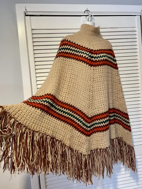 Vtg 70S Hippy Mod Boho Hand Made Hand Knit Long Fringed Poncho Cape Sweater OS￼￼