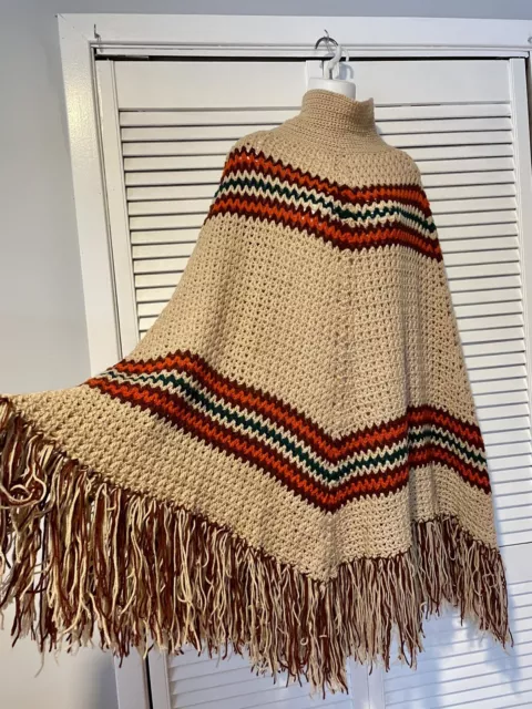 Vtg 70S Hippy Mod Boho Hand Made Hand Knit Long Fringed Poncho Cape Sweater OS￼￼