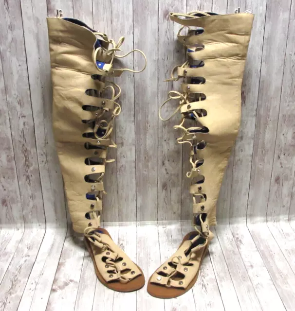 Jeffrey Campbell Gladiator Boots Womens 9.5 Beige Rae Flats Full Zip Lace Up