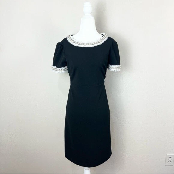 Betsey Johnson Black Tulle Pearl Rhinestone Trim Short Sleeve Sheath Dress 8