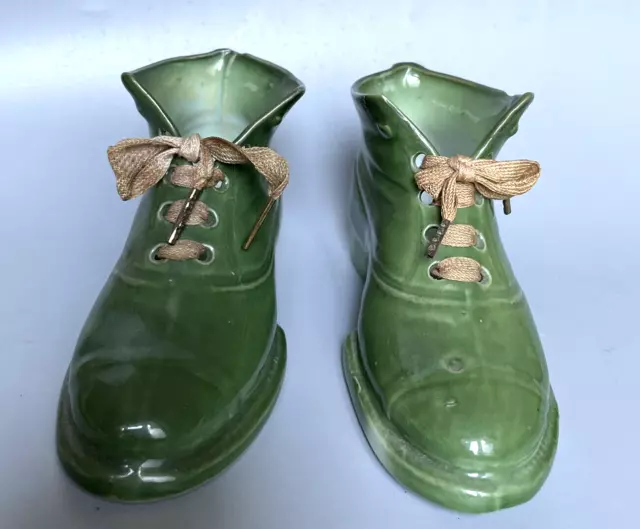 Par De Zapatos Botas Cordones Porcelana Verde Fina China Shoes