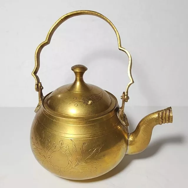 Vintage BRASS Etched TEAPOT with Lid Ornate Design Hand Crafted India EUC