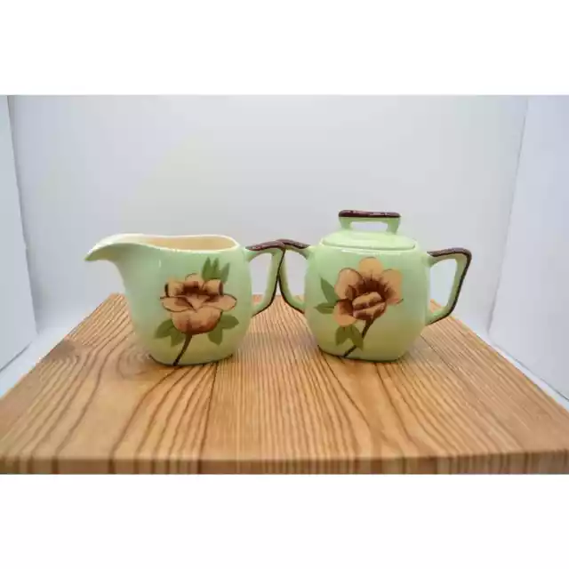 Vintage Ceramic Creamer and Covered Sugar Bowl 1950s Retro  Rose Green MCM