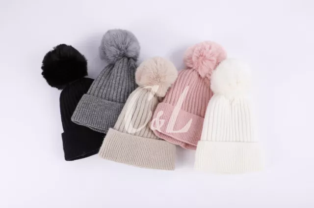 Winter Damen klassische warme gestrickte Beanie Mütze mit Futter Kunstfell BOMMEL Wackel