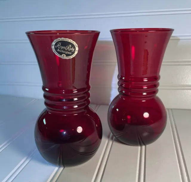 Set Of 2 Anchor Hocking Royal Ruby Red Glass Vases