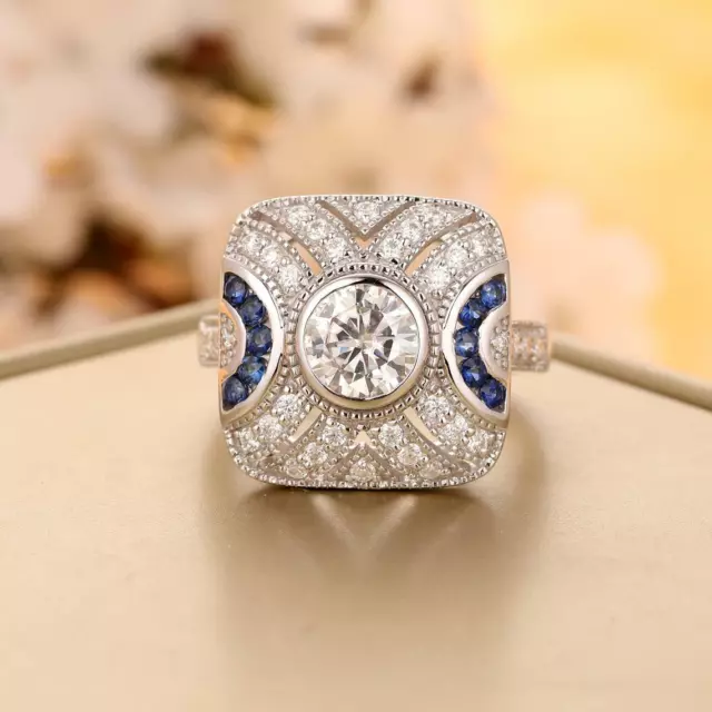 2Ct Round Simulated Diamond Women's Wedding Art Deco Ring 14k White Gold Plated