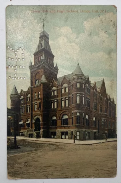 Postcard NJ Town Hall And High School Union Hill New Jersey