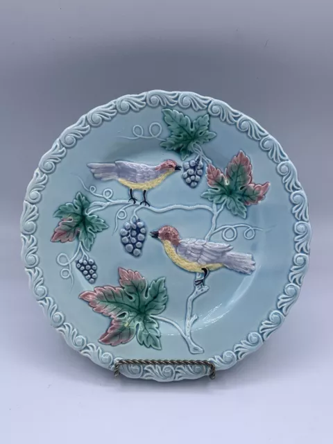 Vintage Majolica Highmount West Germany 230 Birds Grapes Blue 8.5” Plate 1960s