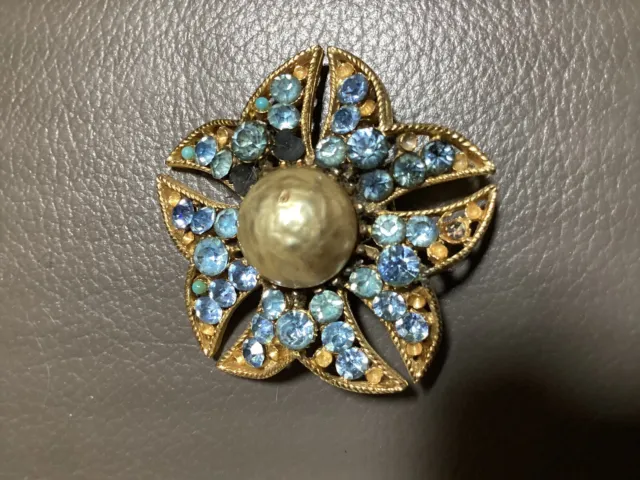 Capri Signed Brooch  Faux Pearl w/Tiny Turquoise Stones Gold-Tone/VTG