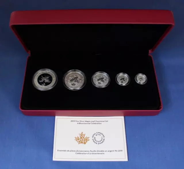 2019 Canada Silver Proof Maple Leaf 5 coin Set in Case with COA