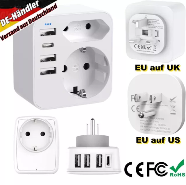 Reiseadapter DE auf USA UK England EU 3pin Steckdose Reisestecker Adapter Strom