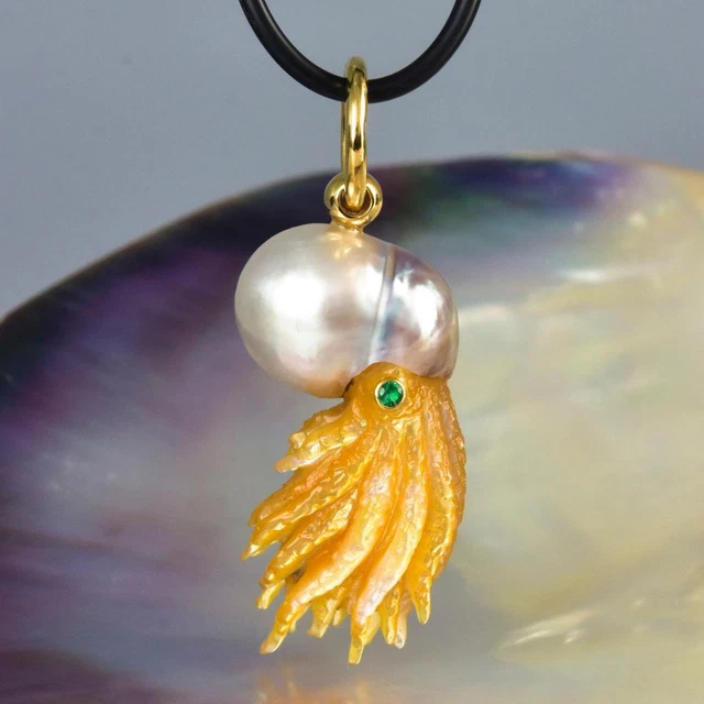 Nautilus Pendant South Sea Pearl with Mother-of-Pearl Carving & Emerald 10.02 g