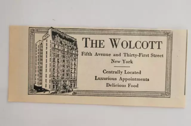 The Wolcott Hotel New York City Print Ad 1922 Outlook Original ~2.5x5.5"