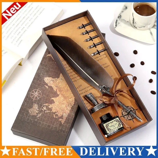 RETRO CALLIGRAPHY FEATHER Dip Pen Writing Ink Quill Fountain Pen Set ...