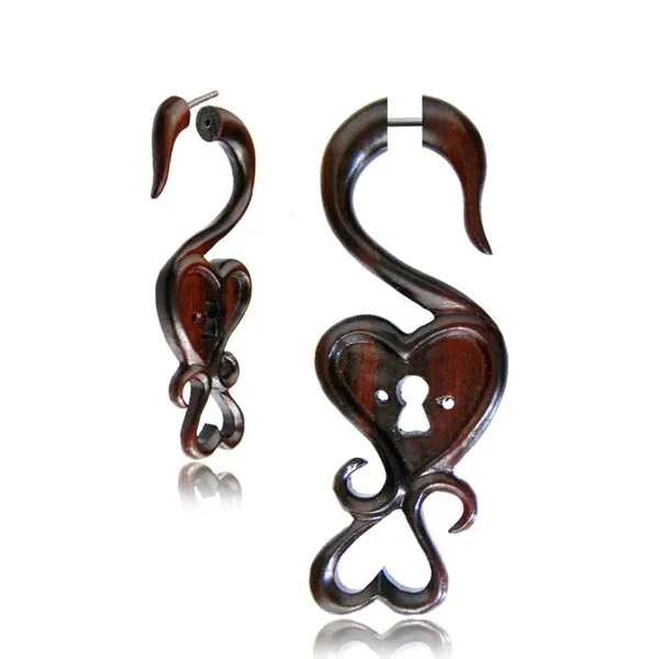 Pair Sono Wood Fake Cheater Gauges Plugs Carved Heart Spirals Tribal 2" 1/4 Inch