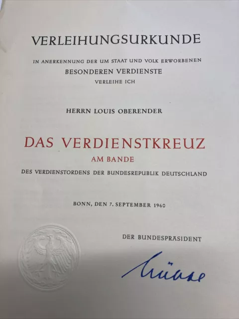 Urkunde Verleihungsurkunde Das Verdienstkreuz Am Bande 1960