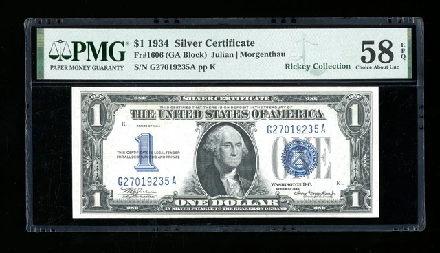 DBR 1934 $1 Silver Funnyback Fr. 1606 GA Block PMG 58 EPQ Serial G27019235A