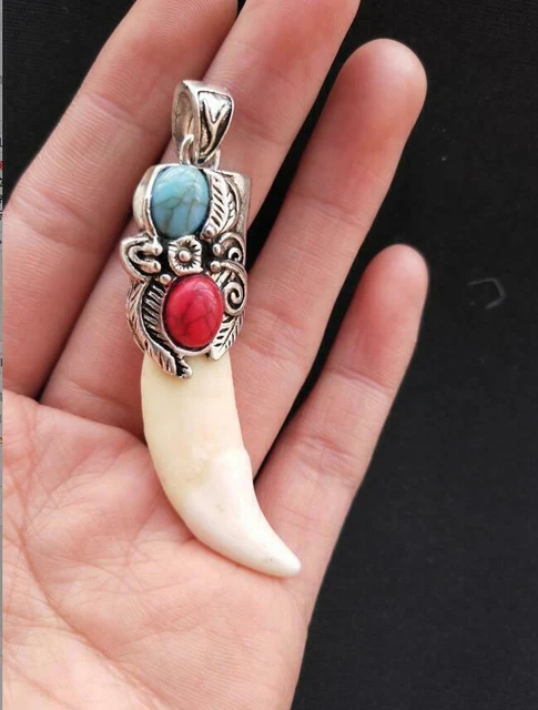 Chinese Antique Tibetan silver Mosaic turquoise dog Tooth talisman Pendant S