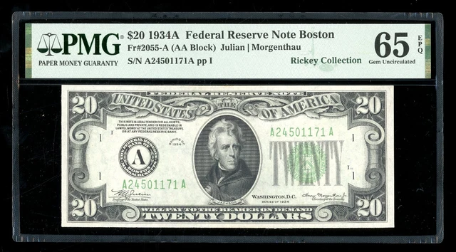 DBR 1934A $20 FRN Boston Gem Fr. 2055-A PMG 65 EPQ Serial A24501171A