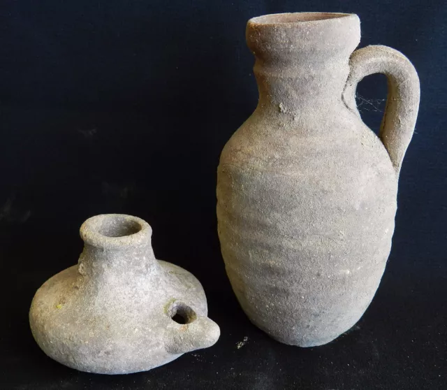 Biblical Ancient Holy Land Roman Clay Pottery Pitcher Jug & Oil Lamp Terracotta