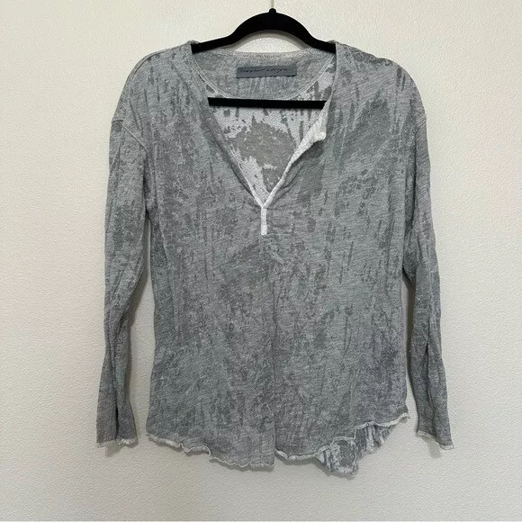 Raquel Allegra women’s grey burnout split neck popover blouse size 2 (L 8-10)