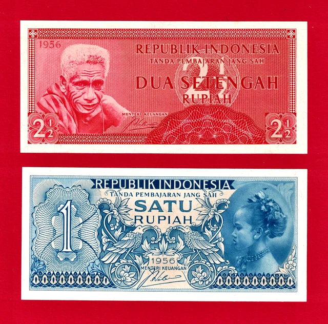 SET 1956 INDONESIA - TWO UNC NOTES 1 RUPIAH  (P-74a) + 2 & 1/2 RUPIAH (Pick-75)