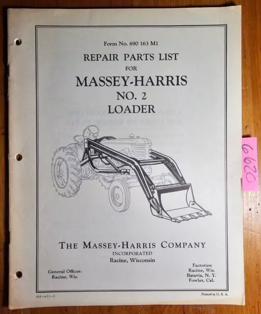 Massey Harris No. 2 Loader Repair Parts List Manual 690 163 M1 4/53