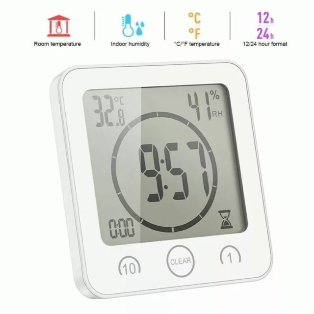 BALDR LCD Wall Waterproof Timer Bathroom Shower Clock Temperature Humidity Meter 3