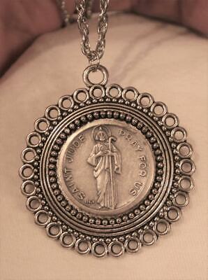 Handsome Heavy Picot St Jude Thaddeus Medal Religious Silvertne Pendant Necklace