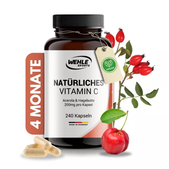 Natürliches Vitamin C Hochdosiert Acerola-Extrakt Hagebutten-Extrakt 240 Kapseln