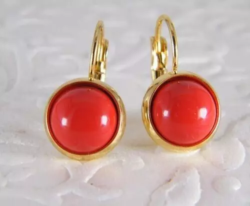 Art Deco 10mm Simulated Orange Coral Drop-Dangle Earring 14k Yellow Gold Plated