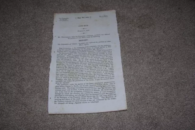 1830 Claims Jane Muir US Troop Occupied Fernandina Florida Government Document