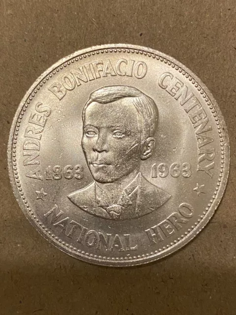 1963 Philippines 1 Peso Andres Bonifacio Silver BU