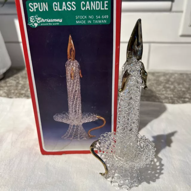7" Vintage Hand Blown Spun Glass Candle Christmas Holiday In Original Box Flame