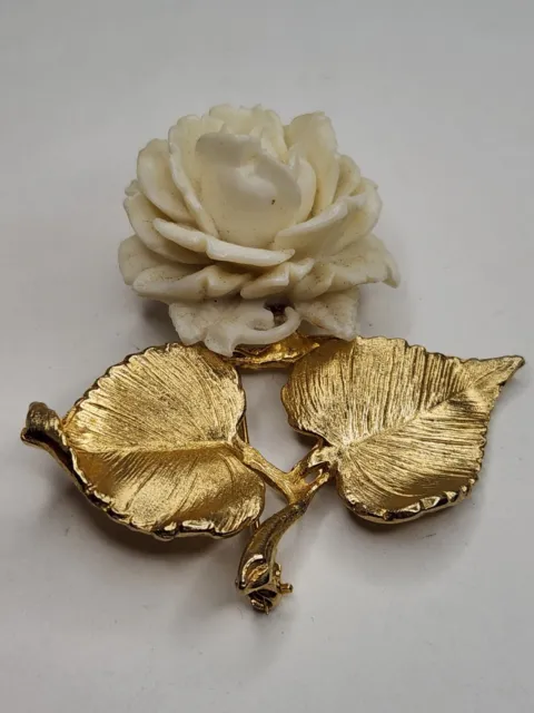 Vintage Accessocraft NYC Cream Ivory Color Carved Celluloid Rose Flower Brooch