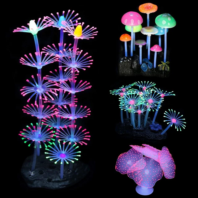 4 Pack Glow Aquarium Decorations Coral Reef Glowing Mushroom Anemone Simulation