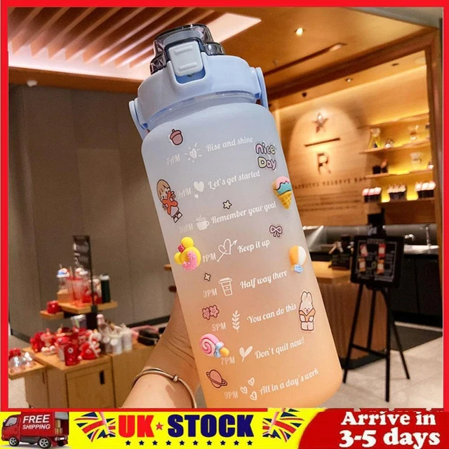 2L Water Bottle Straw Cup Sport Time Scale Jug w/ Stickers (Gradient Blue)