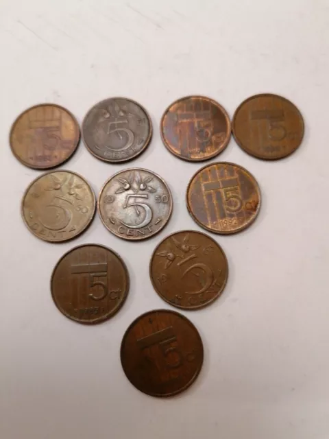 lot 10 pieces de 5 cent  monnaies pays bas  annees différentes