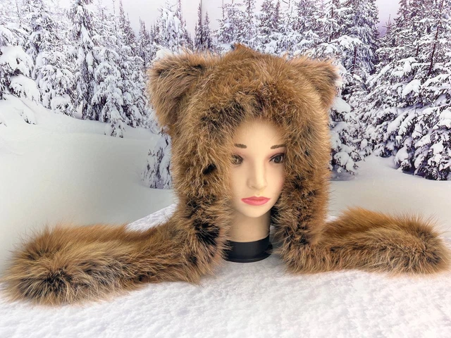 Real Fox Fur Winter Animal Hat Hood Long Scarf Ushanka Ears flap Unisex