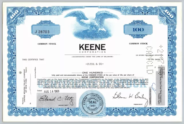 1969 Keene Corporation 100 Shares Common Stock Certificate