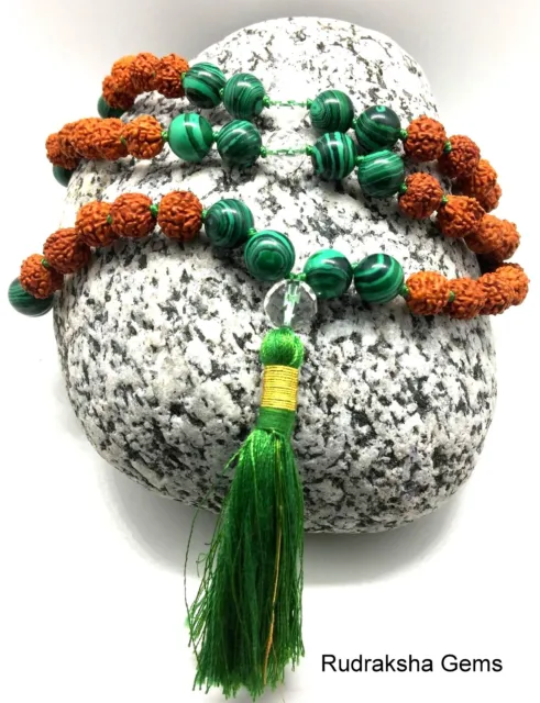 Malachite Crystal Rudraksha Heart Chakra Japa Mala 108 Beads Rosary Meditation