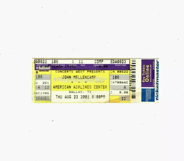 JOHN MELLENCAMP 2001 DALLAS TX Original CONCERT TICKET STUB Live IN TEXAS