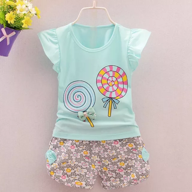 2PCS Toddler Kids Baby Girls Outfits Lolly T-shirt Tops+Short Pants Clothes Set 2