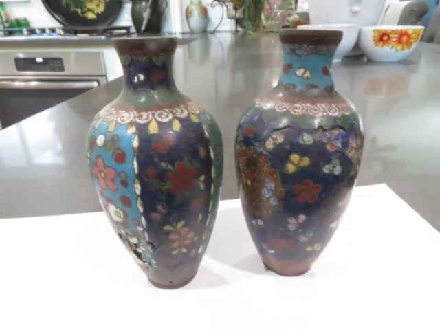 Antique Japanese Cloisonne PAIR Petite Miniature Vases Enamel Cloisonné Vases