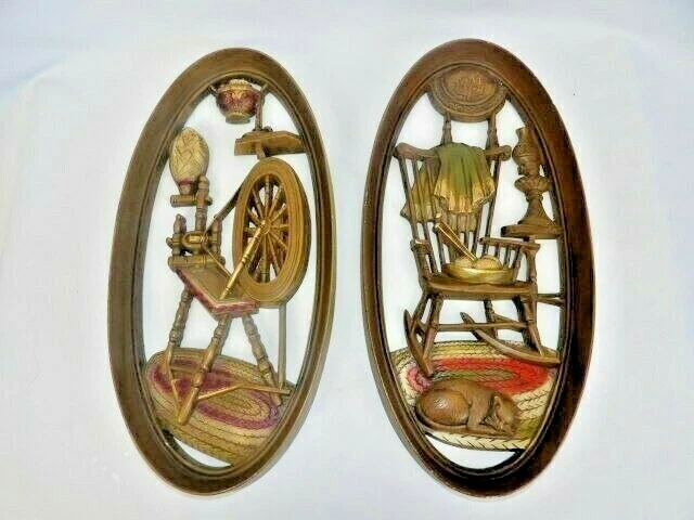 Vintage Burwood Products Oval Spinning Wheel & Rocking Chair Wall Plaques Set