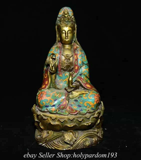 9.6" Old Chinese Bronze Enamel Cloisonne Kwan-yin Guan Yin Goddess Statue