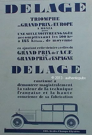 Publicite Voiture Delage Prix D'europe A Monza Grand Prix Espagne Acf De 1927 Ad