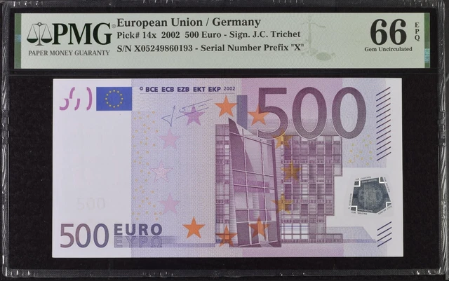 GERMANY 500 Euro 2002 X-serie, Trichet Sign, R012, PMG 66 GERMANY 500 Euro 2002 X-serie, Trichet Sign, R012, PMG 66