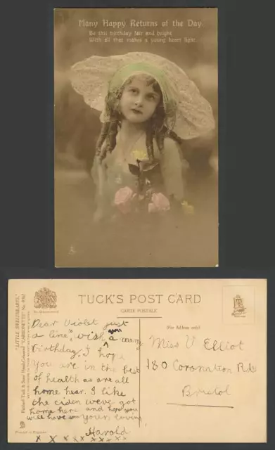 Beautiful Girl with Large Hat Tuck's Little Sweethearts Old Hand Tinted Postcard